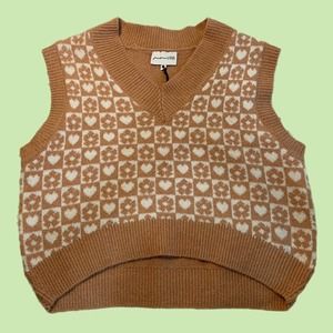 Brown and white checkered heart and flower sweater vest